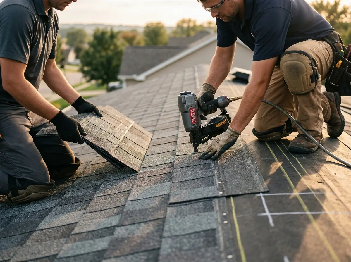 Professional roofer working on a residential roof in Eagleton Village